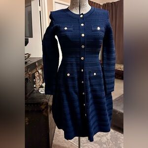 CC Navy Knit Long-Sleeve Button Front Dress with Gold Buttons